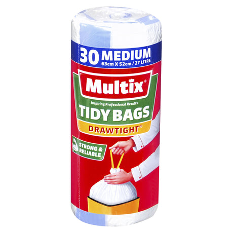 Multix Drawtight Tidy Bags, 30 pack, durable garbage bags with drawstring closure, 63cm x 52cm, fit bins up to 27 litres.