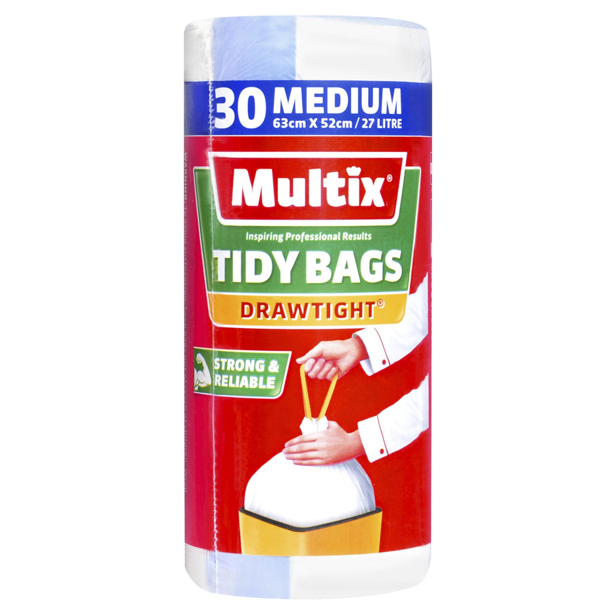 Multix Drawtight Medium Tidy Bags 30 pack, strong, 63cm x 52cm, drawstring closure for secure waste disposal.