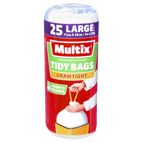 Large Multix Drawtight Tidy Bags pack of 25, designed for 34L bins with drawstring closure, perfect for waste management.