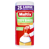 Multix Drawtight Tidy Bags Large pack of 25, strong and eco-friendly, fitting bins up to 34 litres with secure drawstring closure.