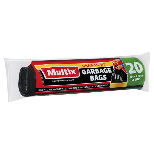 Multix Drawtight Garbage Bags in a 20-pack, designed for strength, extra width, and easy sealing for waste disposal tasks.