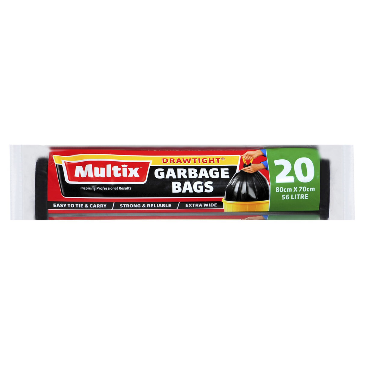 Multix Drawtight Garbage Bags 20-pack, extra wide and strong, perfect for household and garden waste, 80cm x 70cm size.