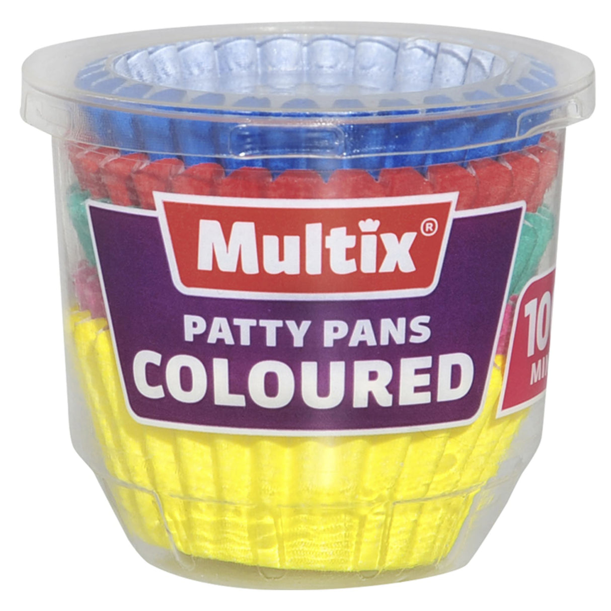 Colorful mini patty pans in a 100 pack, perfect for baking small cakes and cupcakes with easy, mess-free removal.