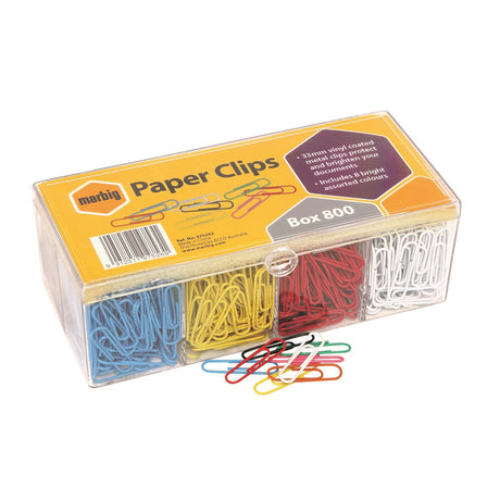 Assorted Marbig paper clips in 8 vibrant colors, vinyl-coated, in a reusable box of 800 for organized document management.