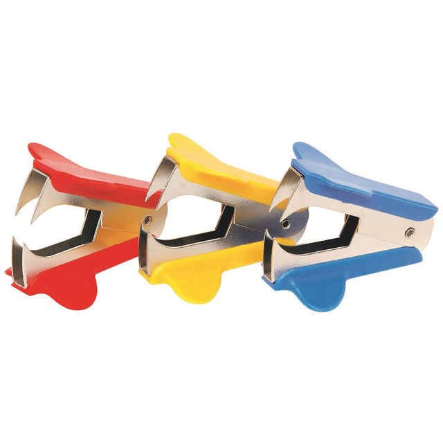 Marbig Stapler Remover in vibrant blue, red, and yellow; removes staples cleanly without damaging documents.