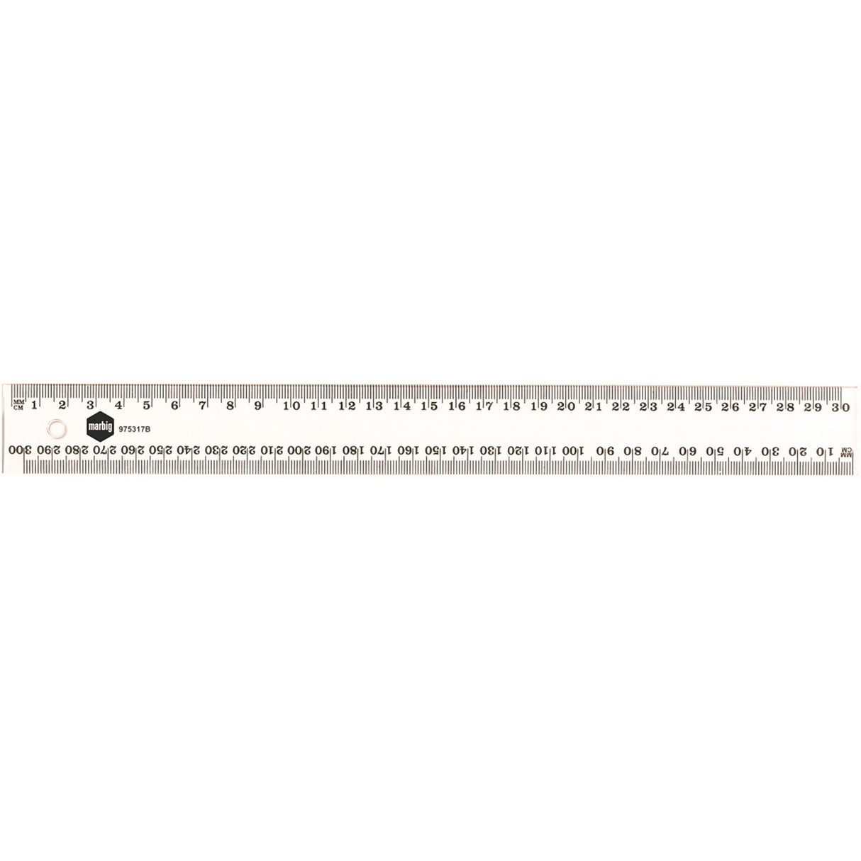 Transparent Marbig 30cm ruler made of durable plastic, featuring clear metric measurements for precise drawing and measuring.