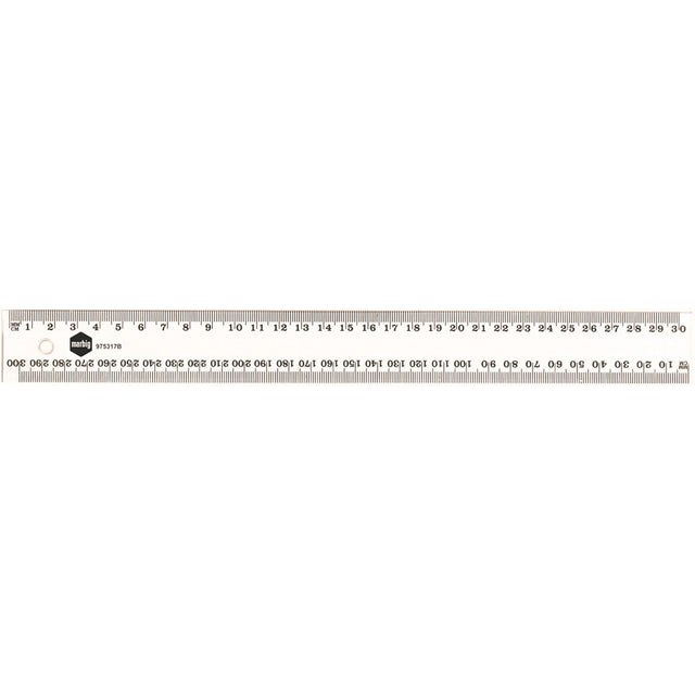 Transparent Marbig 30cm ruler made of durable plastic, featuring clear metric measurements for precise drawing and measuring.