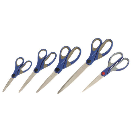 Marbig Comfort Grip scissors feature stainless steel blades, ergonomic handles, and a stylish blue design for precise cutting.