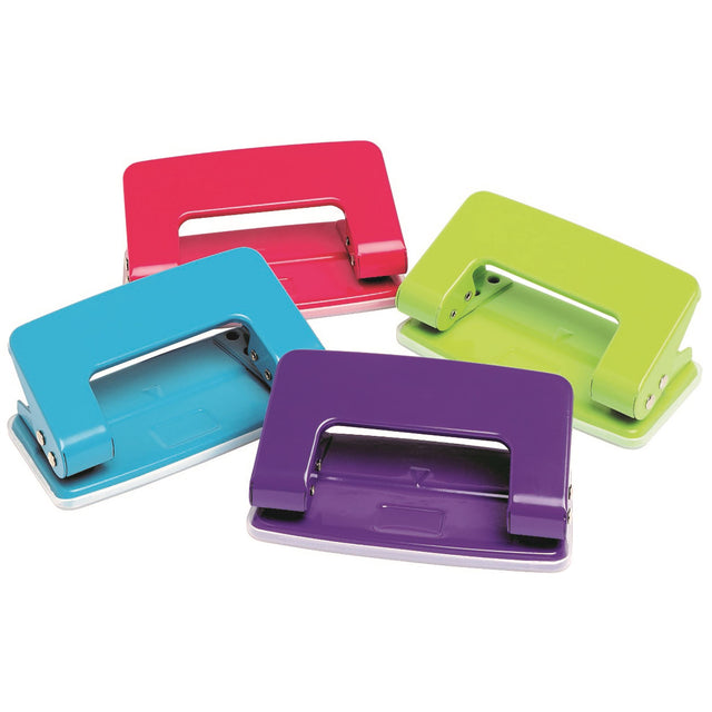 Vibrant 2-hole punch with a sturdy base, punches up to 6 sheets, colorful assortment including pink, blue, lime, and orange.