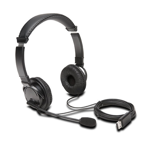 Kensington Hi-Fi USB-A headphones featuring adjustable headband, 40mm drivers, and noise-canceling microphone for clear audio.