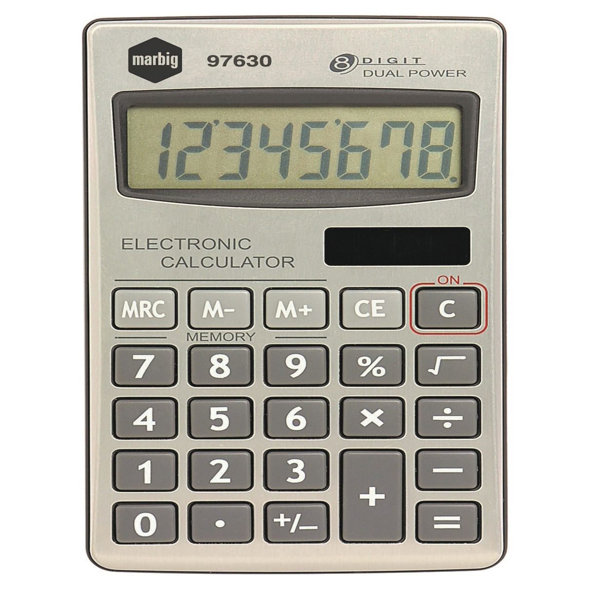 Handheld MARBIG 8-digit calculator, ultra-slim design, solar-powered with battery backup, large display and comfortable keys.