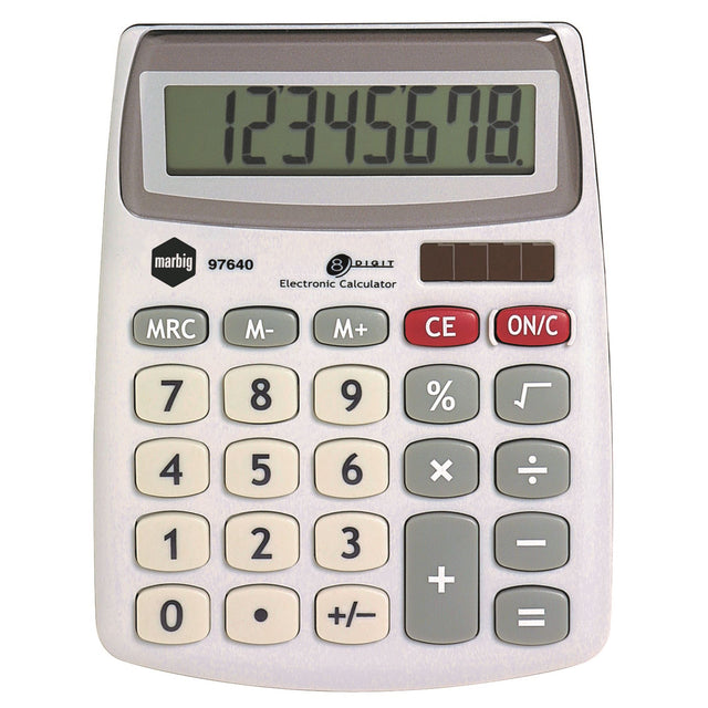 Compact Marbig 8-digit desktop calculator with large tilted display, solar power, and memory functions for efficient calculations.