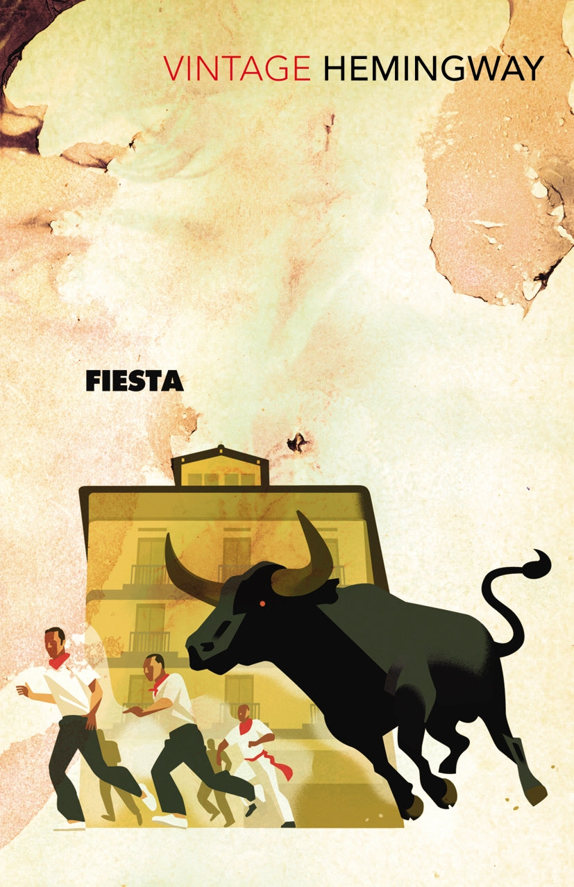 "Cover of 'Fiesta' by Hemingway, depicting 1920s Parisian atmosphere and themes of love and jealousy."