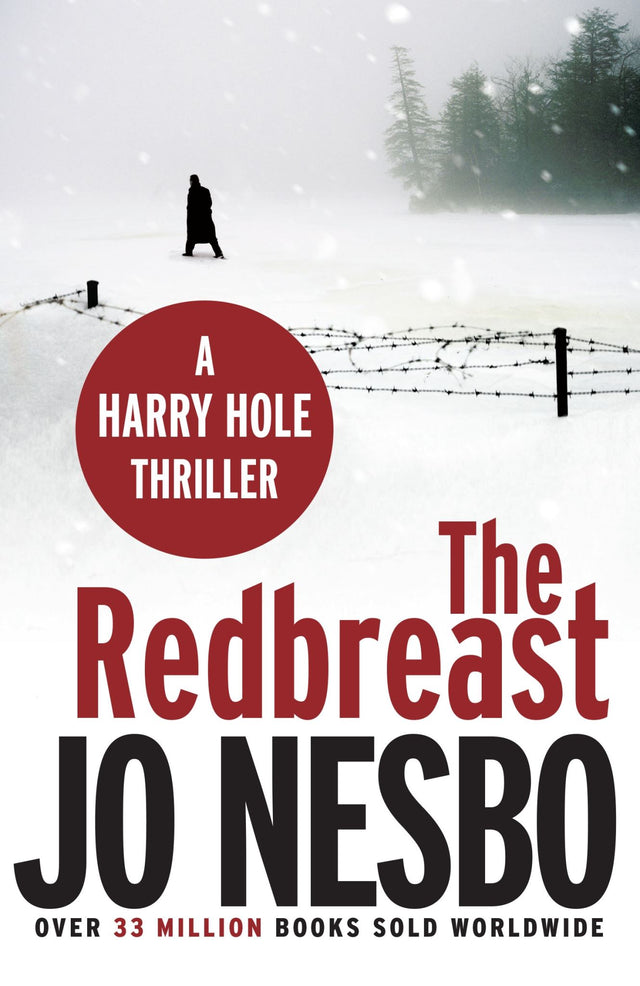 Cover of "The Redbreast" by Jo Nesbø featuring Detective Harry Hole amidst a suspenseful, thrilling backdrop.