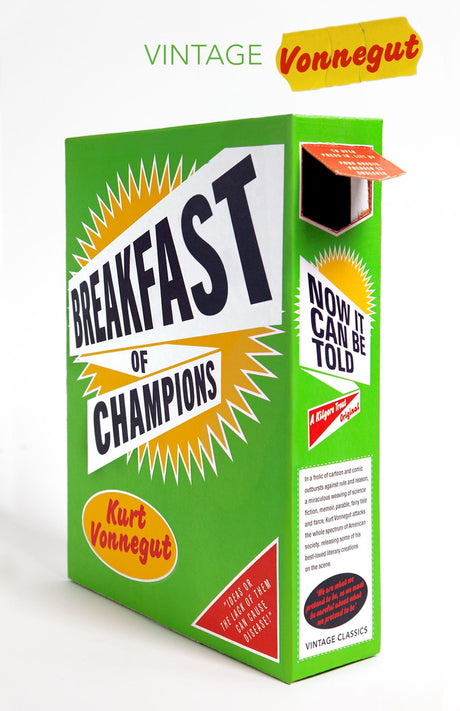 Cover of Kurt Vonnegut's 'Breakfast of Champions', a satirical novel exploring the absurdities of life through humor.