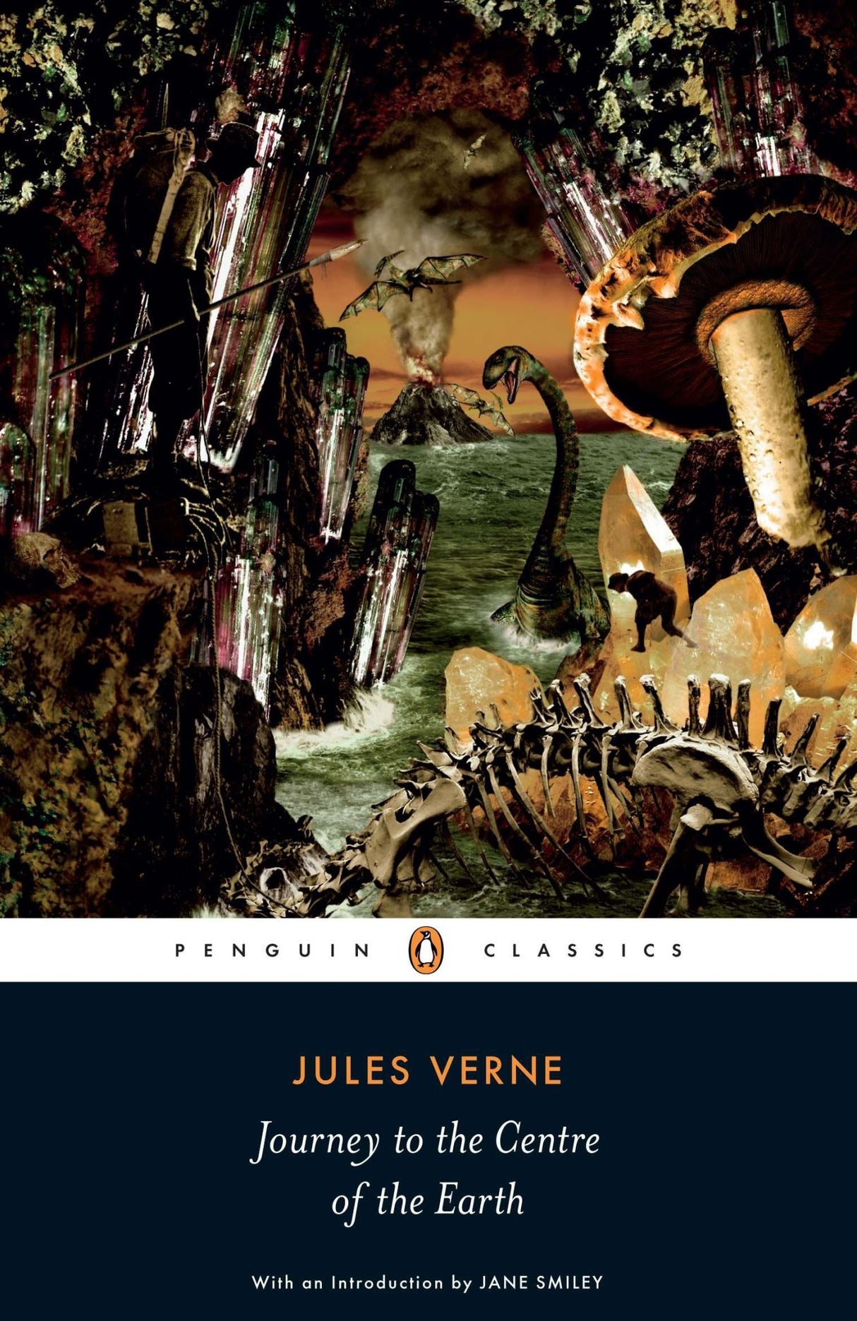 Cover of Jules Verne's "Journey to the Centre of the Earth," featuring adventurous themes and prehistoric creatures.