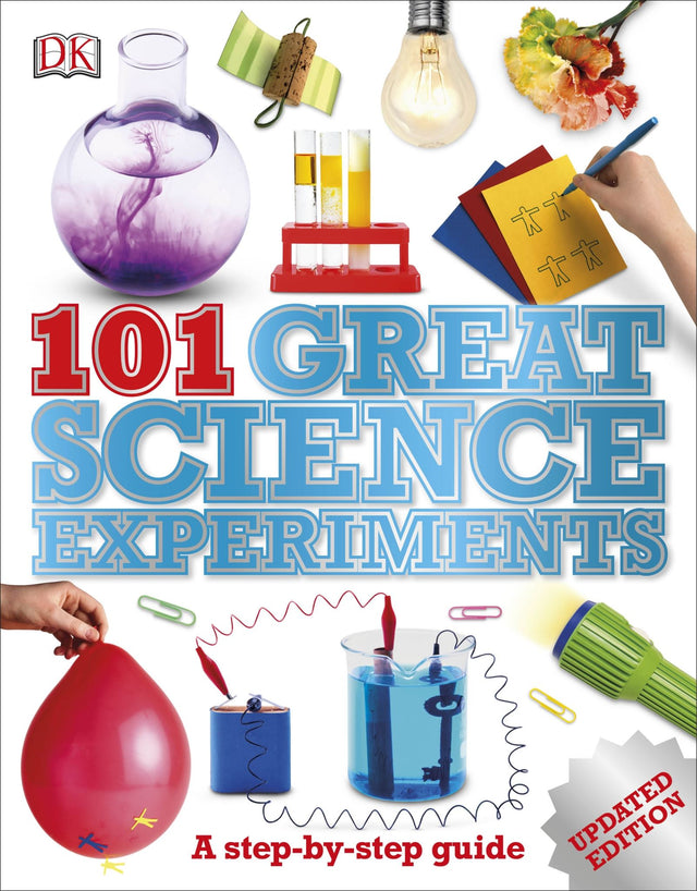 Brightly illustrated guide featuring 101 easy science experiments for kids, covering biology, chemistry, and physics concepts.