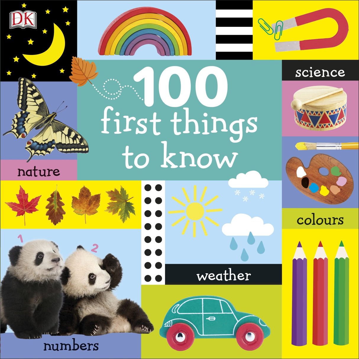 Colorful board book '100 First Things to Know' designed for toddlers to explore vocabulary through engaging visuals.