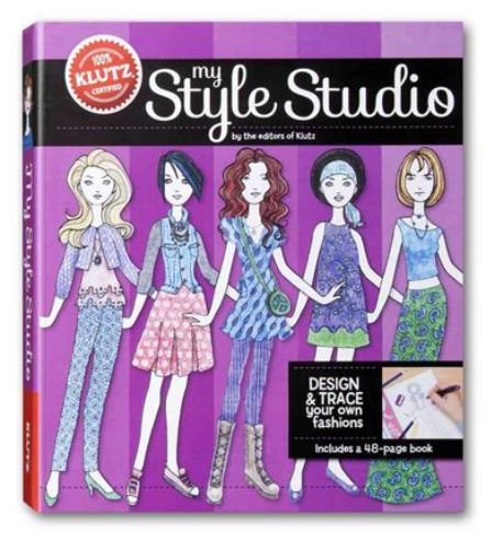 Colorful fashion design book for kids featuring tracing paper, coloring tools, and mix-and-match outfits for creative fun.