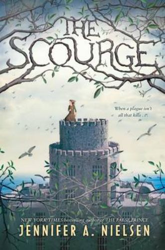Hardback book "Scourge" by Jennifer A. Nielsen, featuring a thrilling story of survival amid a deadly plague.