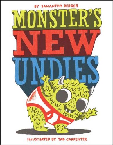 Children's book cover of "Monster's New Undies" featuring a colorful monster shopping for fun underwear in a whimsical world.