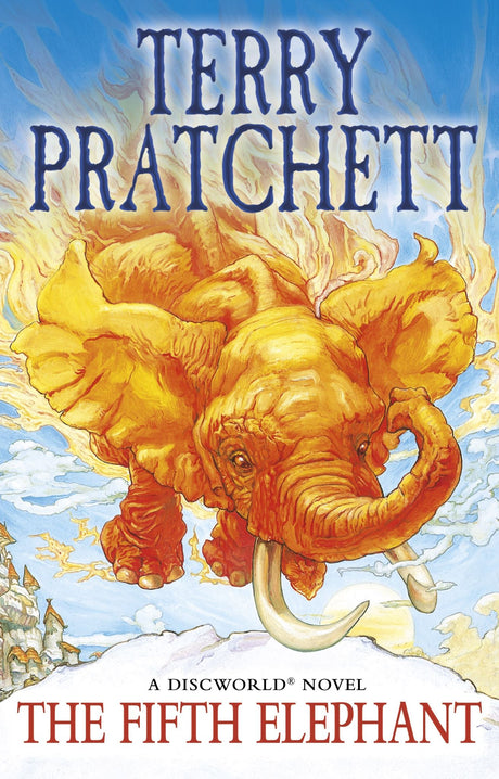 Cover of 'The Fifth Elephant,' featuring Sam Vimes amid Discworld's whimsical fantasy adventure in Uberwald.