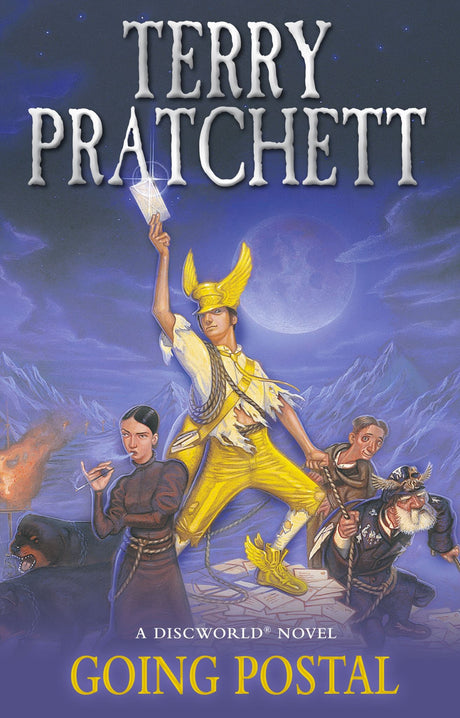 Whimsical 2014 paperback of 'Going Postal' by Terry Pratchett, featuring Moist von Lipwig's comedic postal adventures in Discworld.