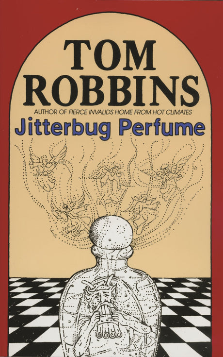 Cover of 'Jitterbug Perfume', a novel spanning ancient Bohemia to modern Paris, featuring a blue bottle and rich literary themes.