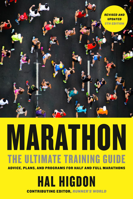 Revised 5th edition of 'Marathon: The Ultimate Training Guide' for runners, featuring expert tips on training and nutrition.