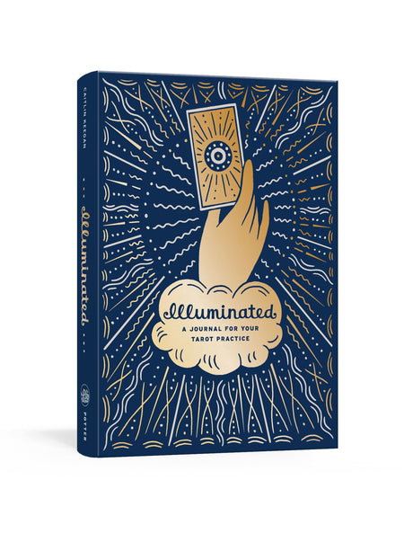 "Illuminated journal for tarot practice featuring prompts and card interpretations for spiritual growth and self-discovery."