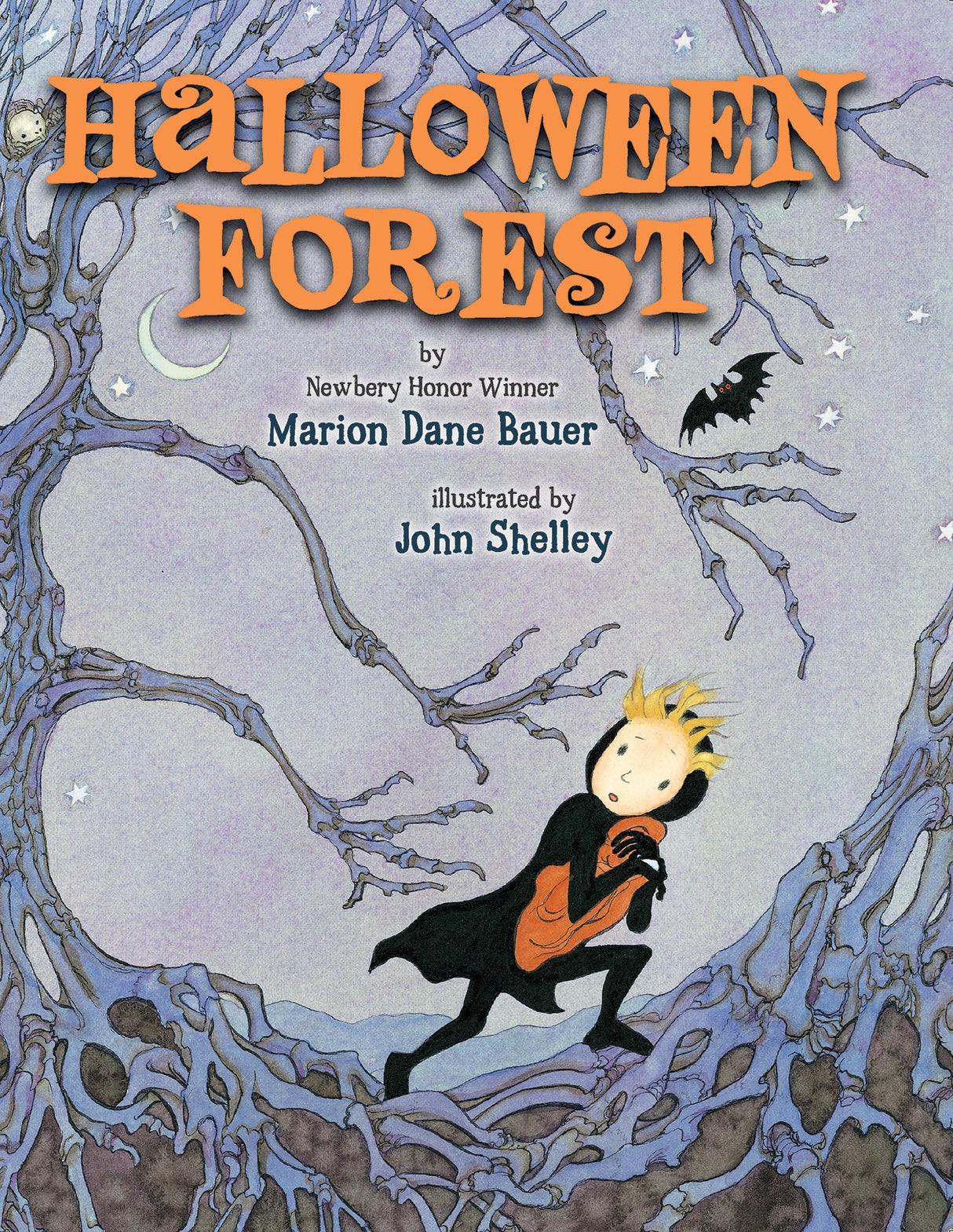 Colorful picture book titled "Halloween Forest" featuring whimsical illustrations of spooky bones and a Halloween adventure.