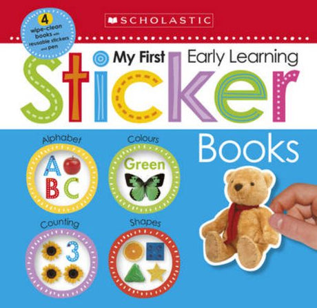 Interactive sticker book set for toddlers with 56 wipe-clean pages featuring animals, letters, shapes, and counting themes.