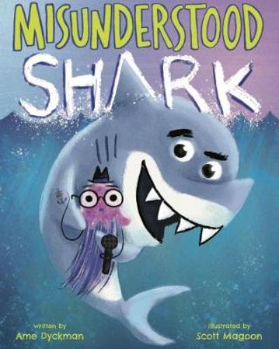 Colorful children's book cover of "Misunderstood Shark" featuring a whimsical shark character and underwater scenes.