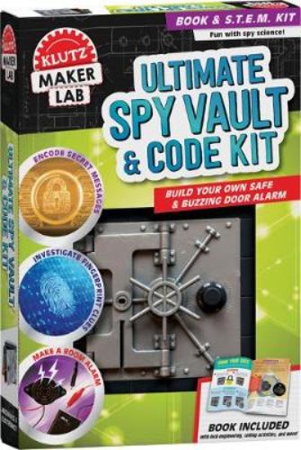 Ultimate Spy Vault & Code Kit with security vault, combination lock, alarms, and 32 pages of coding activities for aspiring spies.
