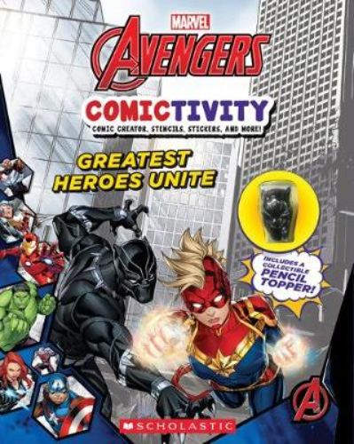 Interactive Avengers activity book with puzzles, comics, stickers, and Black Panther pencil topper for young fans.