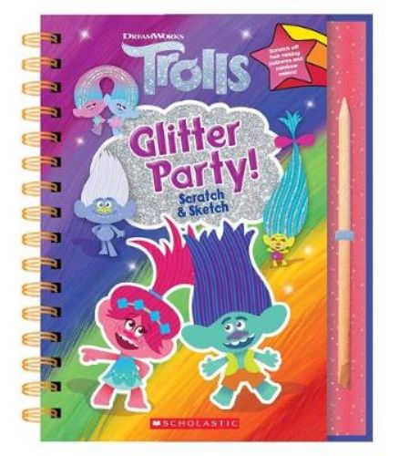 Interactive novelty book featuring Trolls characters, scratch to reveal colors and designs, perfect for creative kids ages 5+.