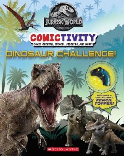 Activity book featuring Jurassic World dinosaurs with puzzles, stickers, comics, and creative adventures for kids.