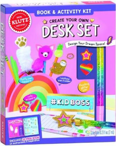 Colorful DIY Desk Set by Klutz with pen toppers, rainbow holder, and personalized name plate for creative kids.