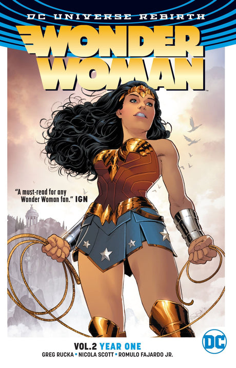 Graphic novel showcasing Wonder Woman's origin and journey as Earth's protector, illustrated by Nicola Scott.