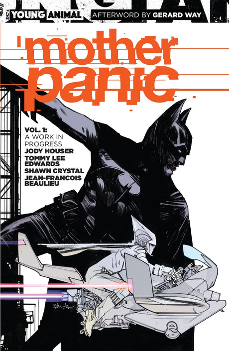 "Cover of Mother Panic Vol. 1 showcasing Violet Paige, a fierce vigilante in Gotham's gritty landscape, mixing glamour and vengeance."