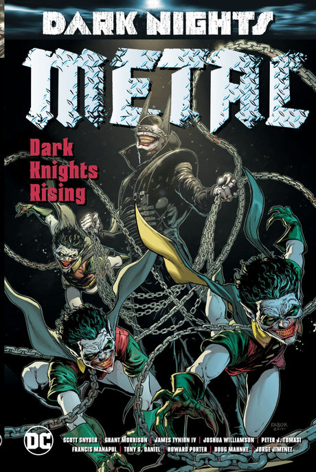 Graphic novel cover of 'Dark Nights Metal: Dark Knights Rising' featuring dark reimaginings of iconic DC heroes.