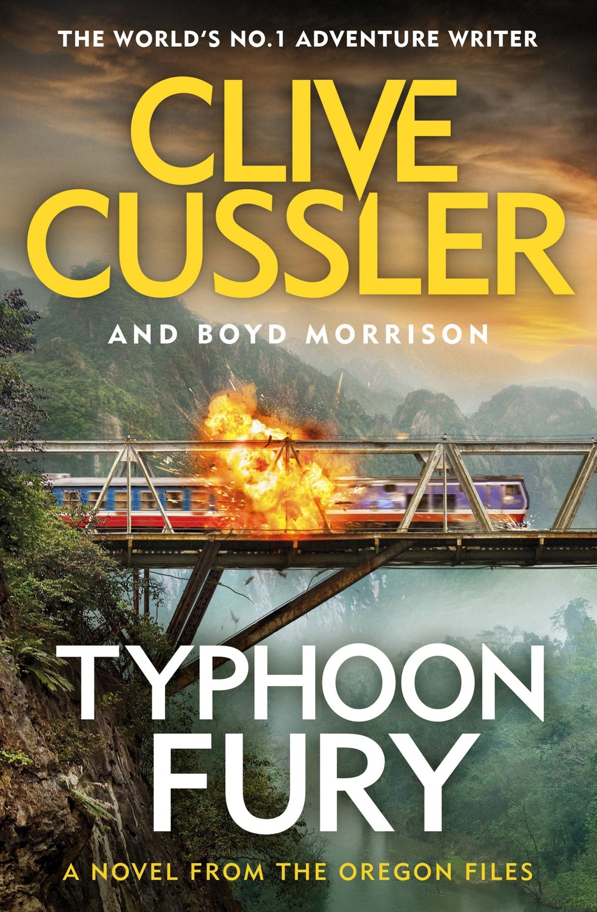 "Typhoon Fury book cover featuring action-packed adventure with Juan Cabrillo facing mercenaries and a deadly megastorm."