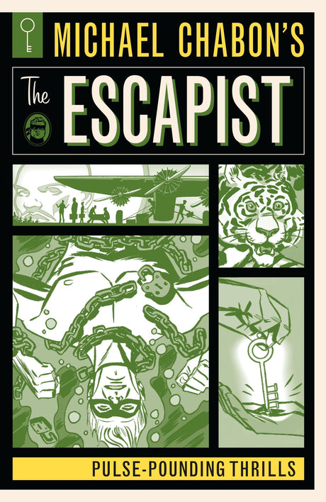 Cover of Michael Chabon's *The Escapist: Pulse-Pounding Thrills*, featuring a vibrant superhero battling injustice.