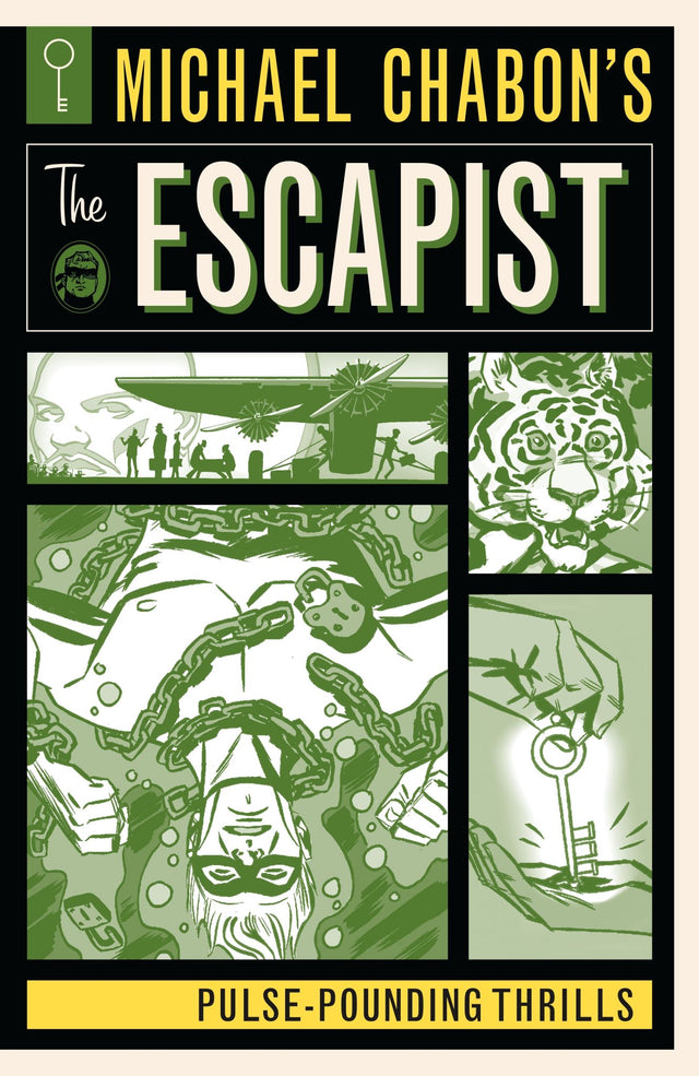 Cover of Michael Chabon's *The Escapist: Pulse-Pounding Thrills*, featuring a vibrant superhero battling injustice.