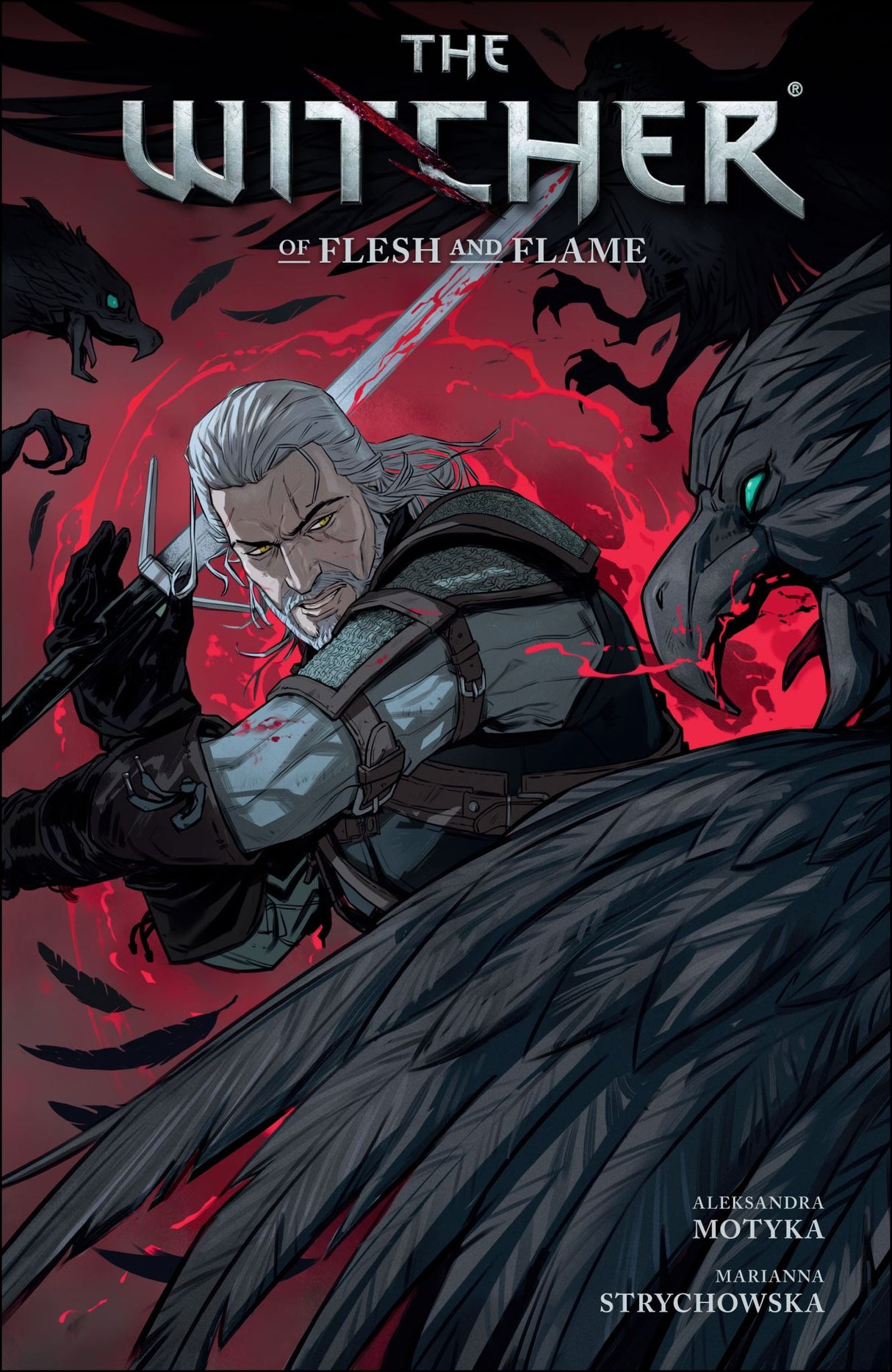 "Colorful cover of The Witcher Volume 4 comic, showcasing artwork by Motyka and Strychowska, featuring Geralt of Rivia."