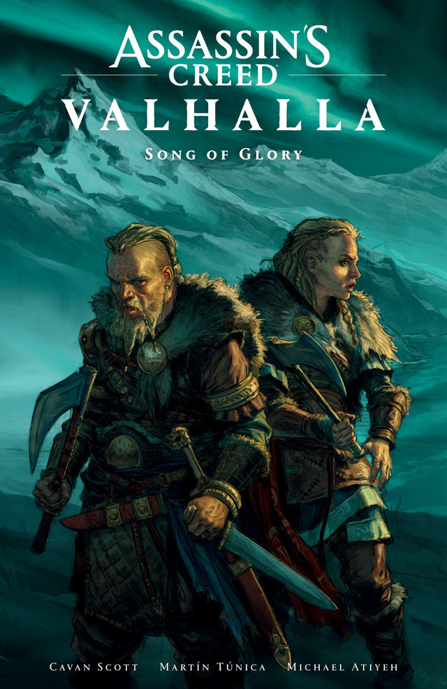 Graphic novel cover of Assassin's Creed Valhalla: Song of Glory featuring Eivor battling raiders in a Viking landscape.