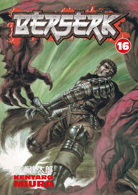 Cover of Berserk Volume 16 featuring Guts battling the powerful Queen of the Elves amidst dark fantasy elements.