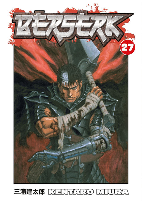 Berserk Volume 27 cover features Guts in Berserker Armor battling Grunbeld, set in a dark fantasy landscape.