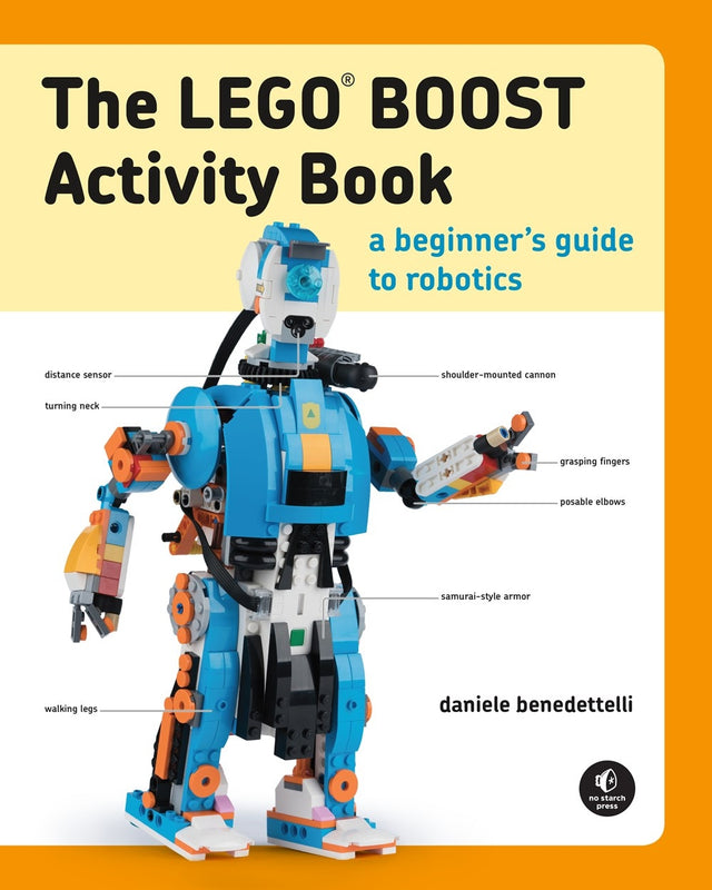 Illustration of "The LEGO BOOST Activity Book," guiding kids in building and programming robots like MARIO and CYBOT for STEM learning.