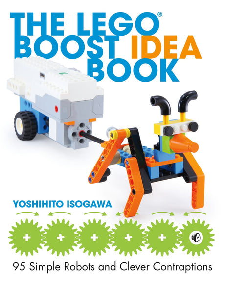 Colorful guidebook featuring 95 imaginative robot-building projects using LEGO BOOST with illustrated parts lists and programming screenshots.